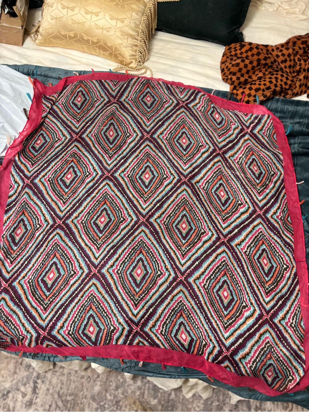 Multicolor Geometric Pattern Women's Scarf with Raspberry Trim - Picture 2 of 2